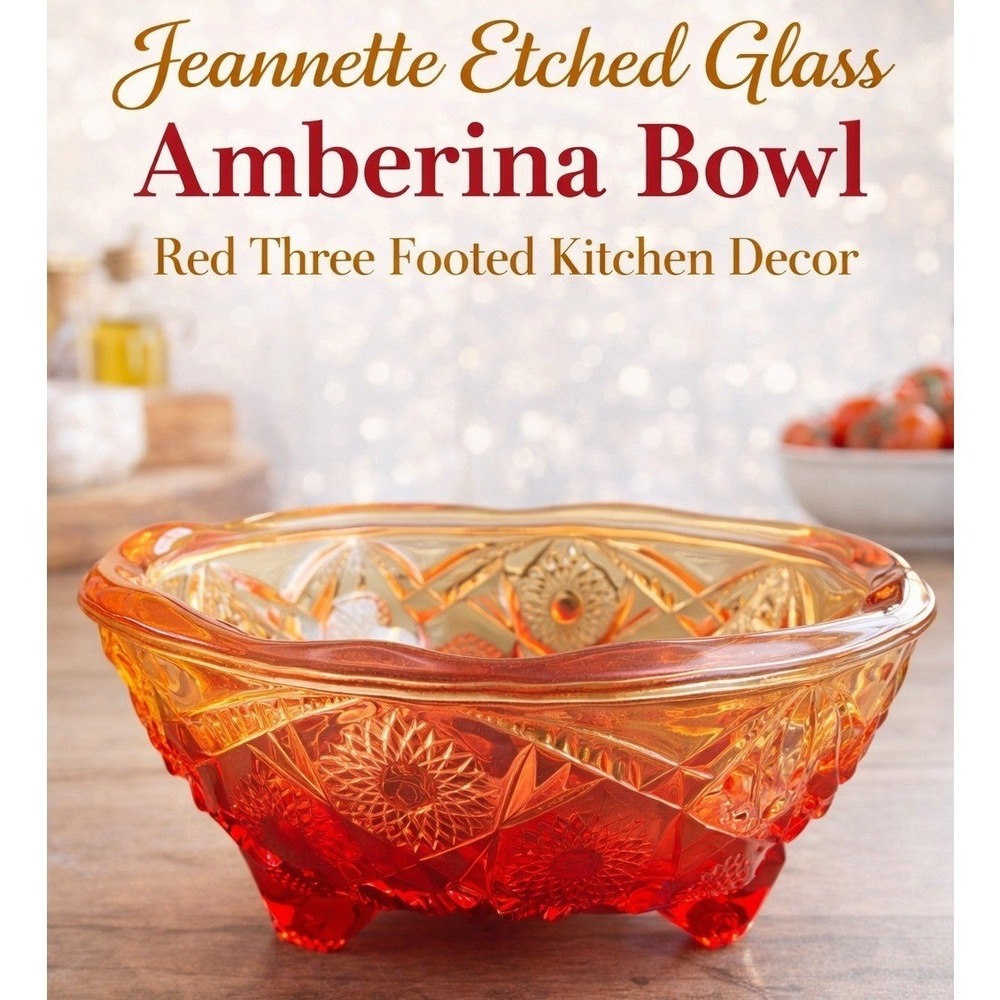 Jeannette Glass Amberina Bowl Red Orange Three Footed Etch Star Diamond Vintage